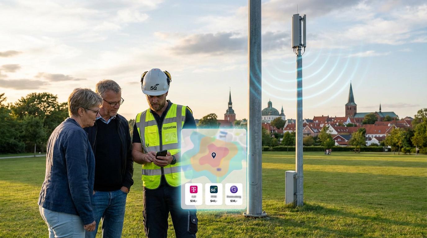 Borgere og tekniker ved 5G-mast
