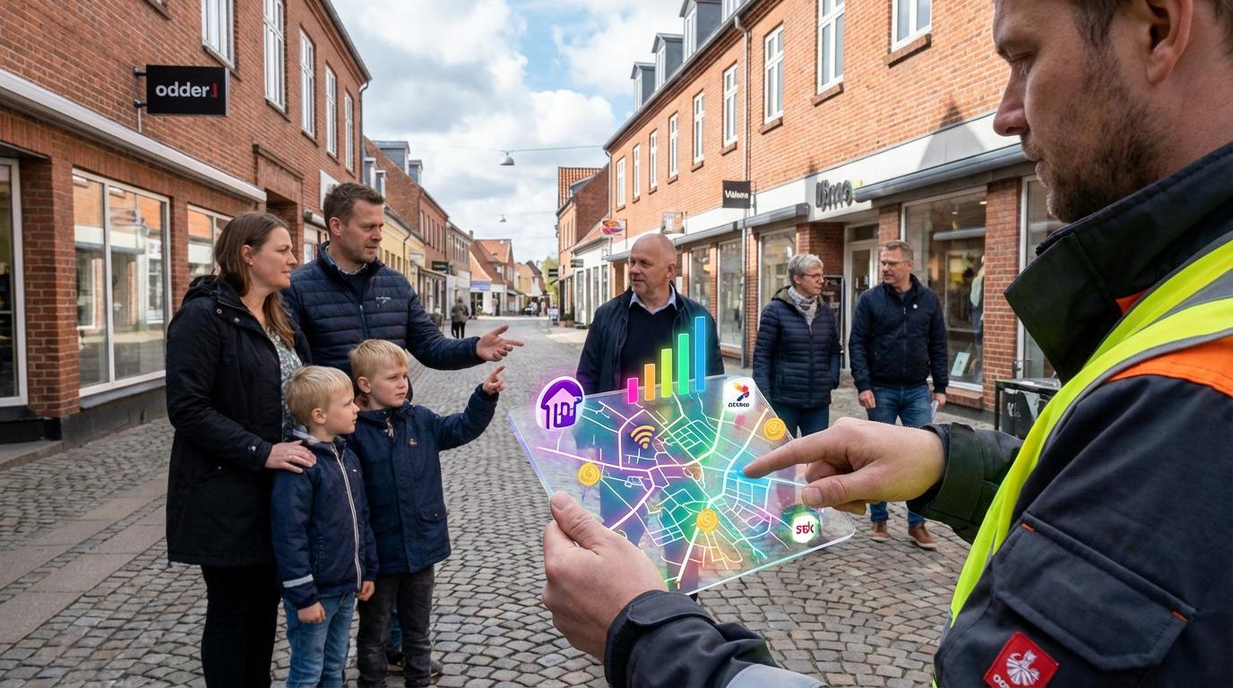Familie og tekniker viser 5G-kort