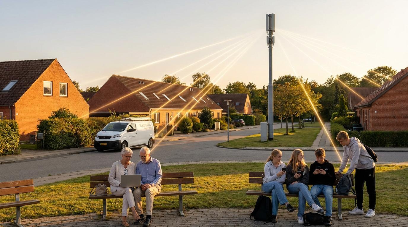 5G-mast over gyldent villakvarter