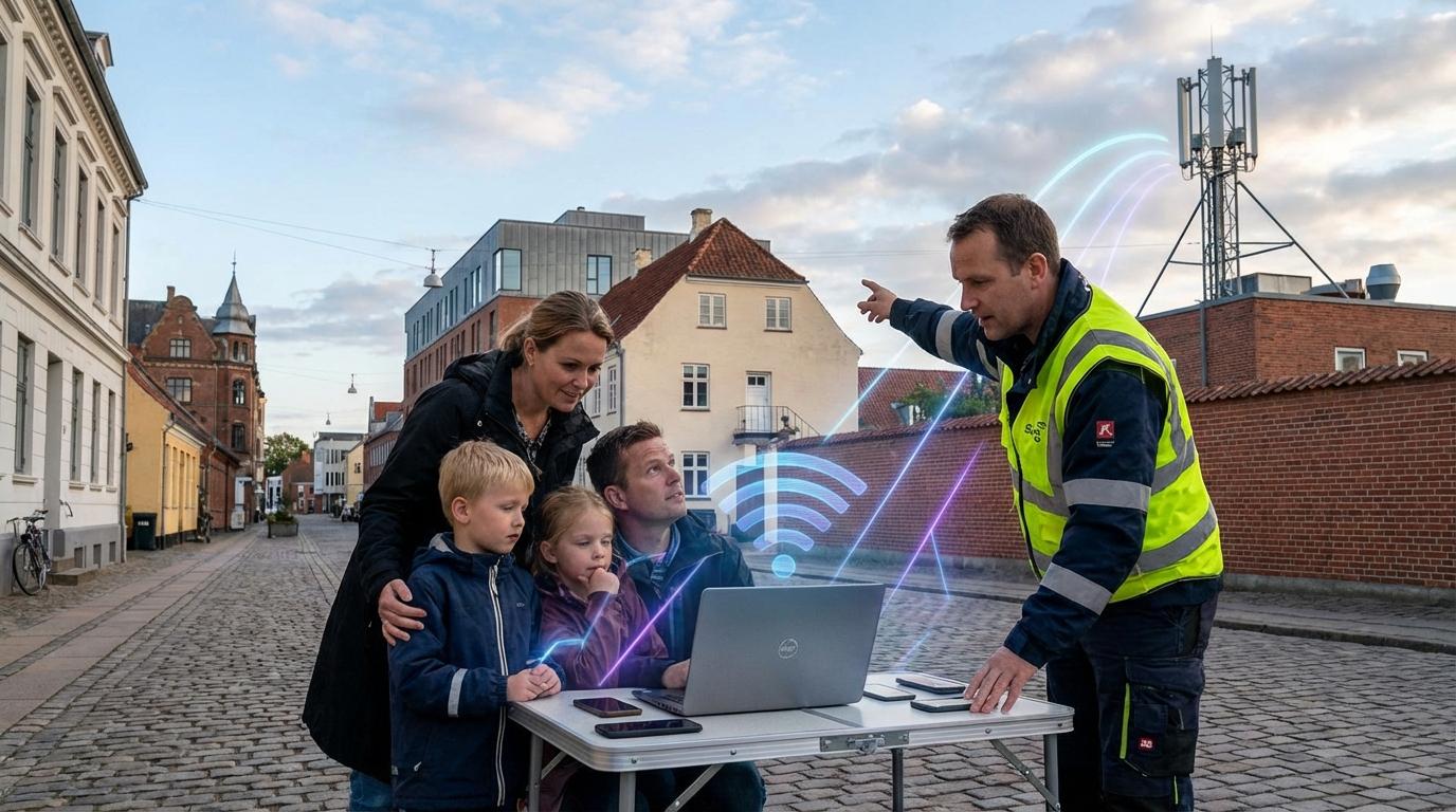 Familie og tekniker ved 5G-mast