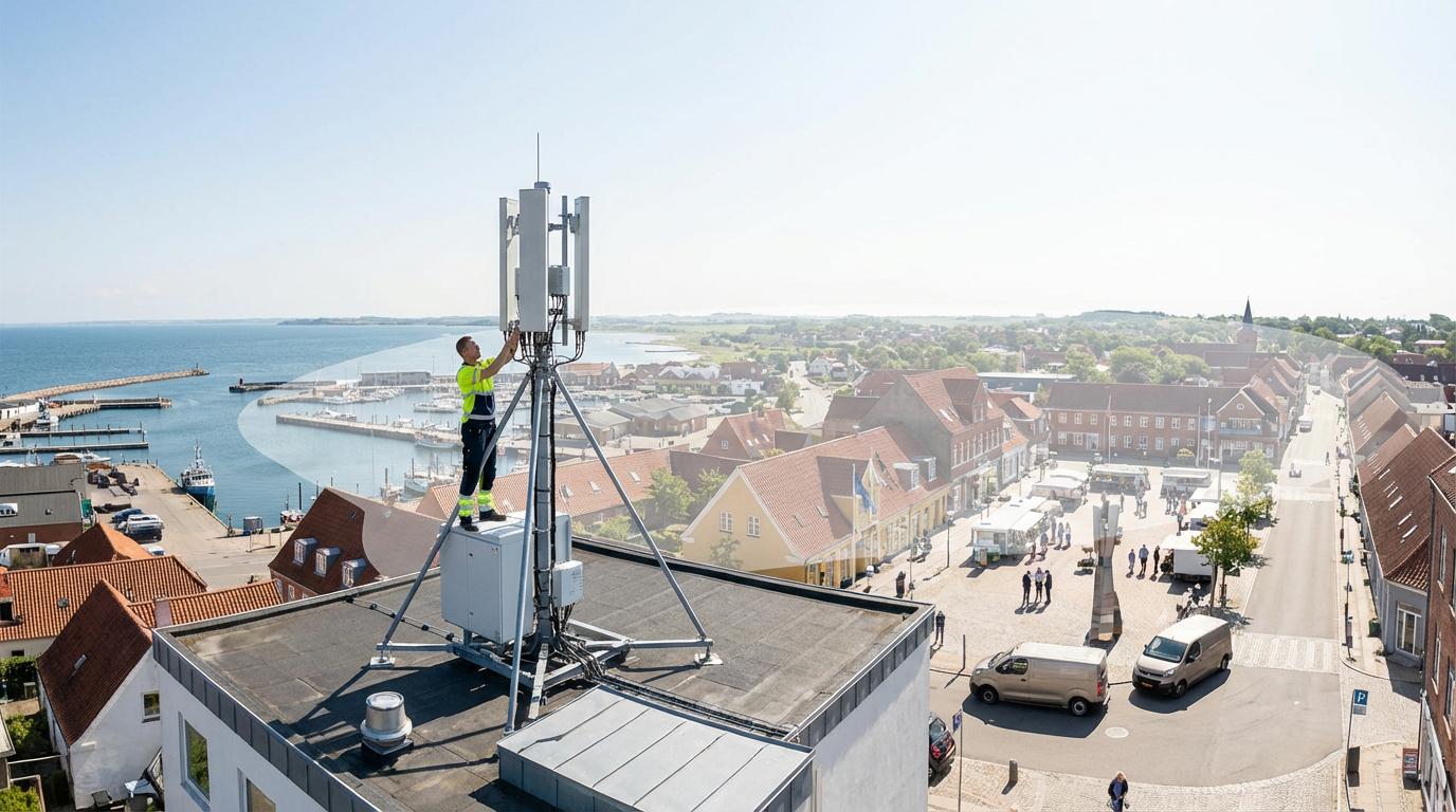 Thisted med 5G-mast og folk